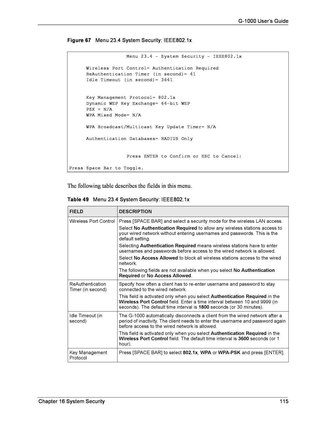 ZyXEL Communications manual G-1000 User’s Guide Menu 23.4 System Security IEEE802.1x, Field, Description 