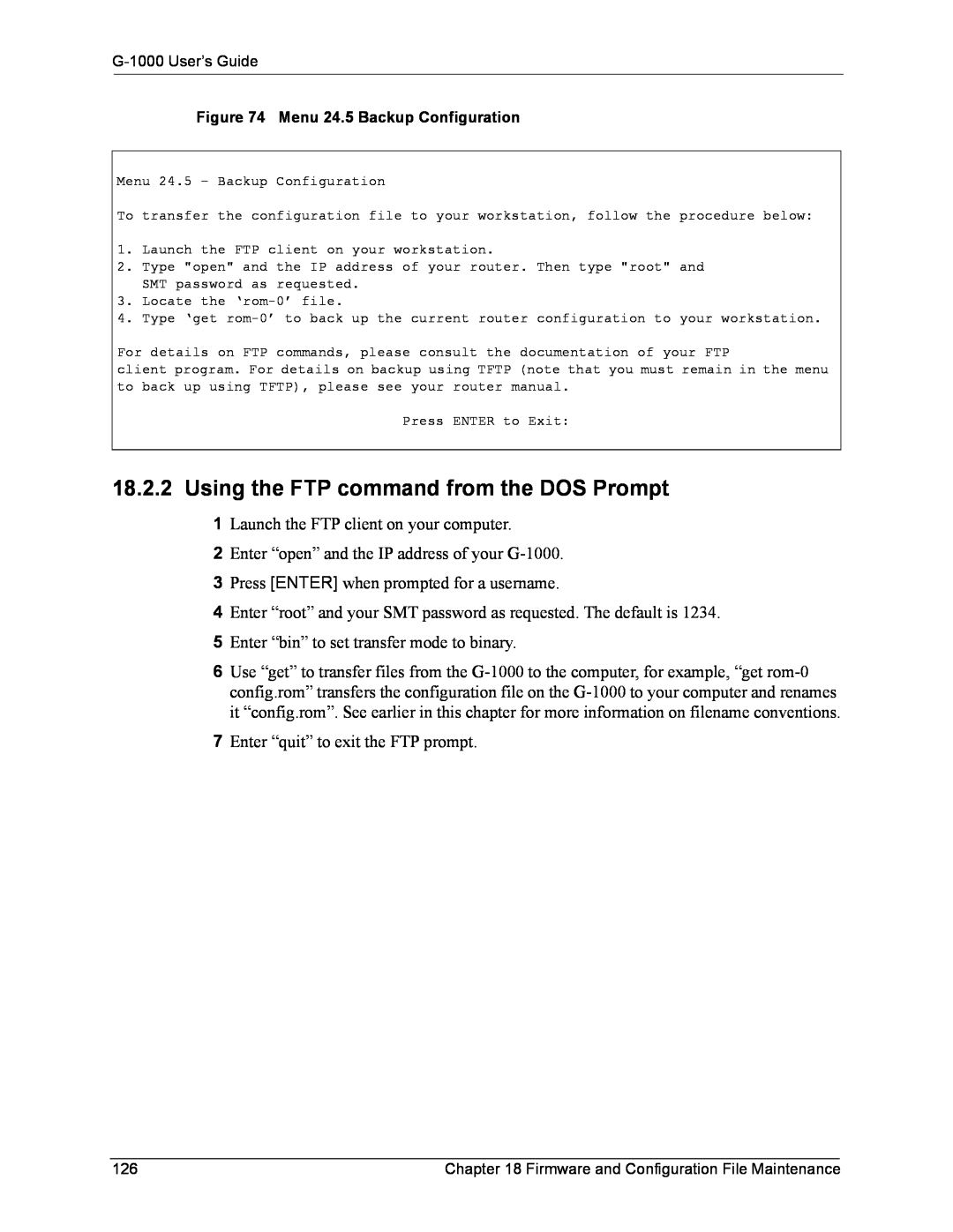 ZyXEL Communications G-1000 manual Using the FTP command from the DOS Prompt 