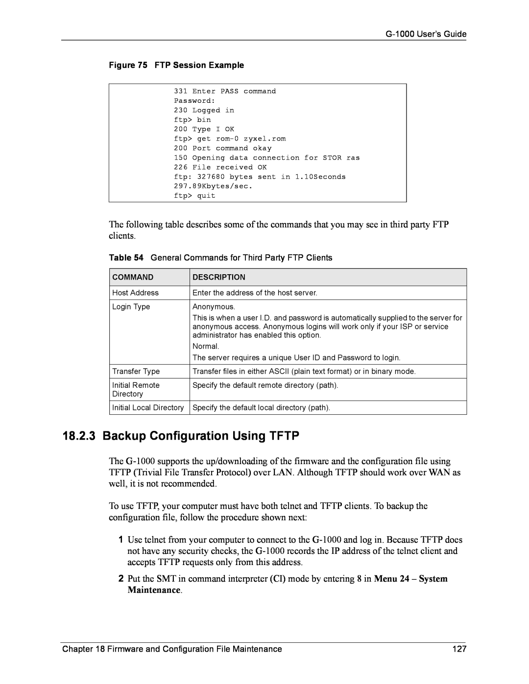 ZyXEL Communications G-1000 manual Backup Configuration Using TFTP, FTP Session Example 