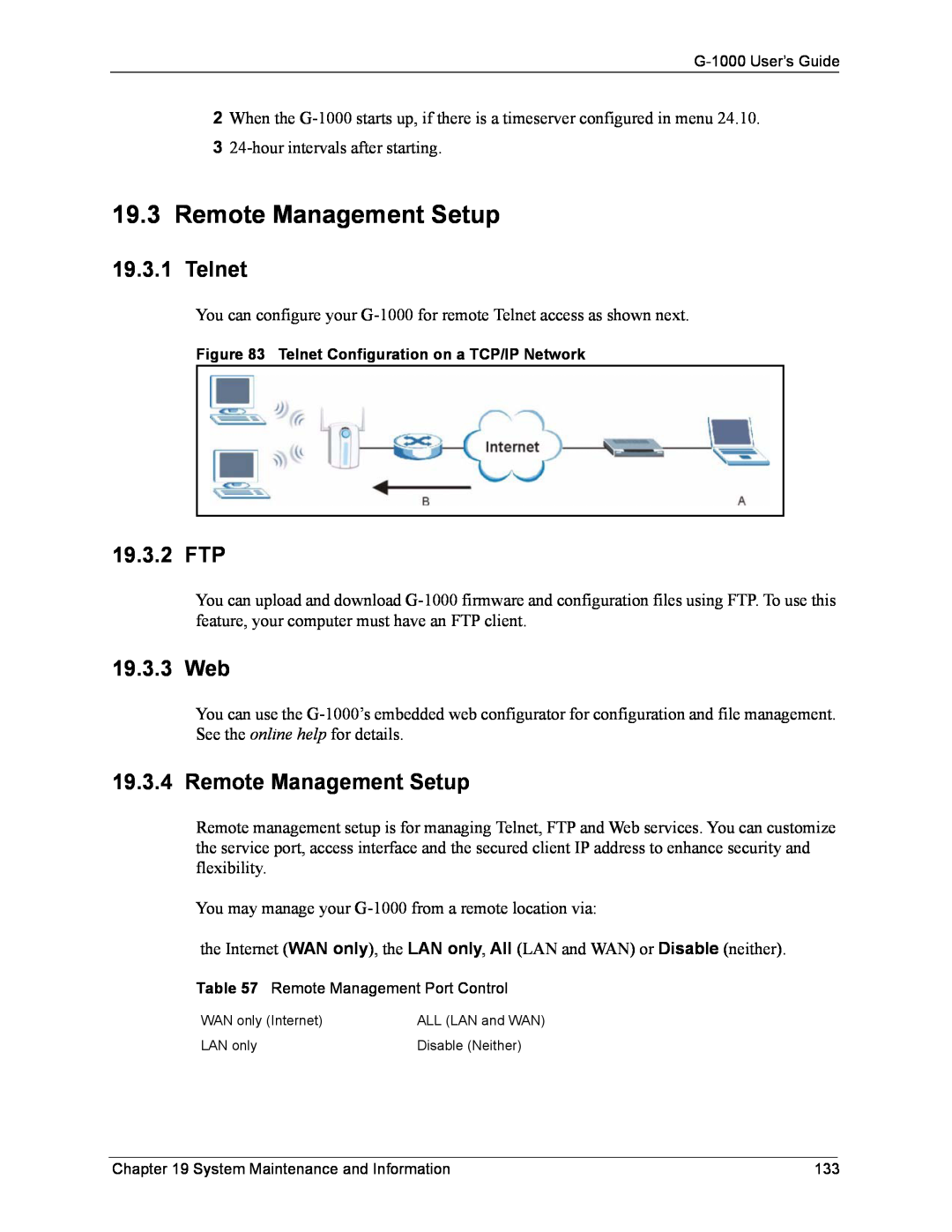 ZyXEL Communications G-1000 manual Remote Management Setup, Telnet, 19.3.2 FTP, 19.3.3 Web 