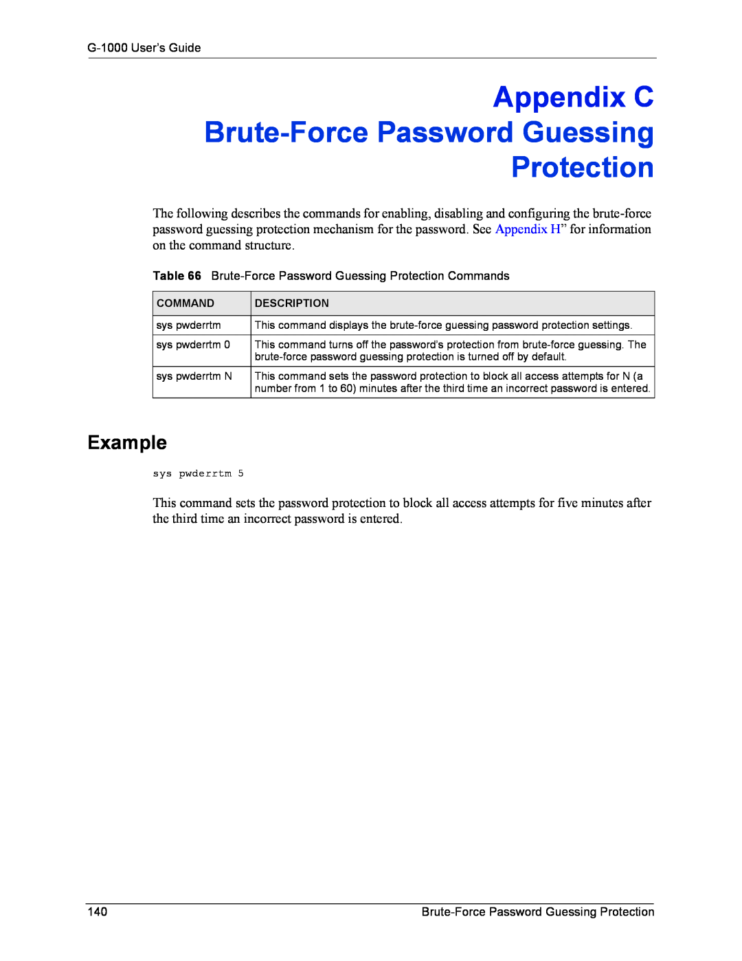 ZyXEL Communications G-1000 manual Appendix C, Brute-Force Password Guessing Protection, Example 