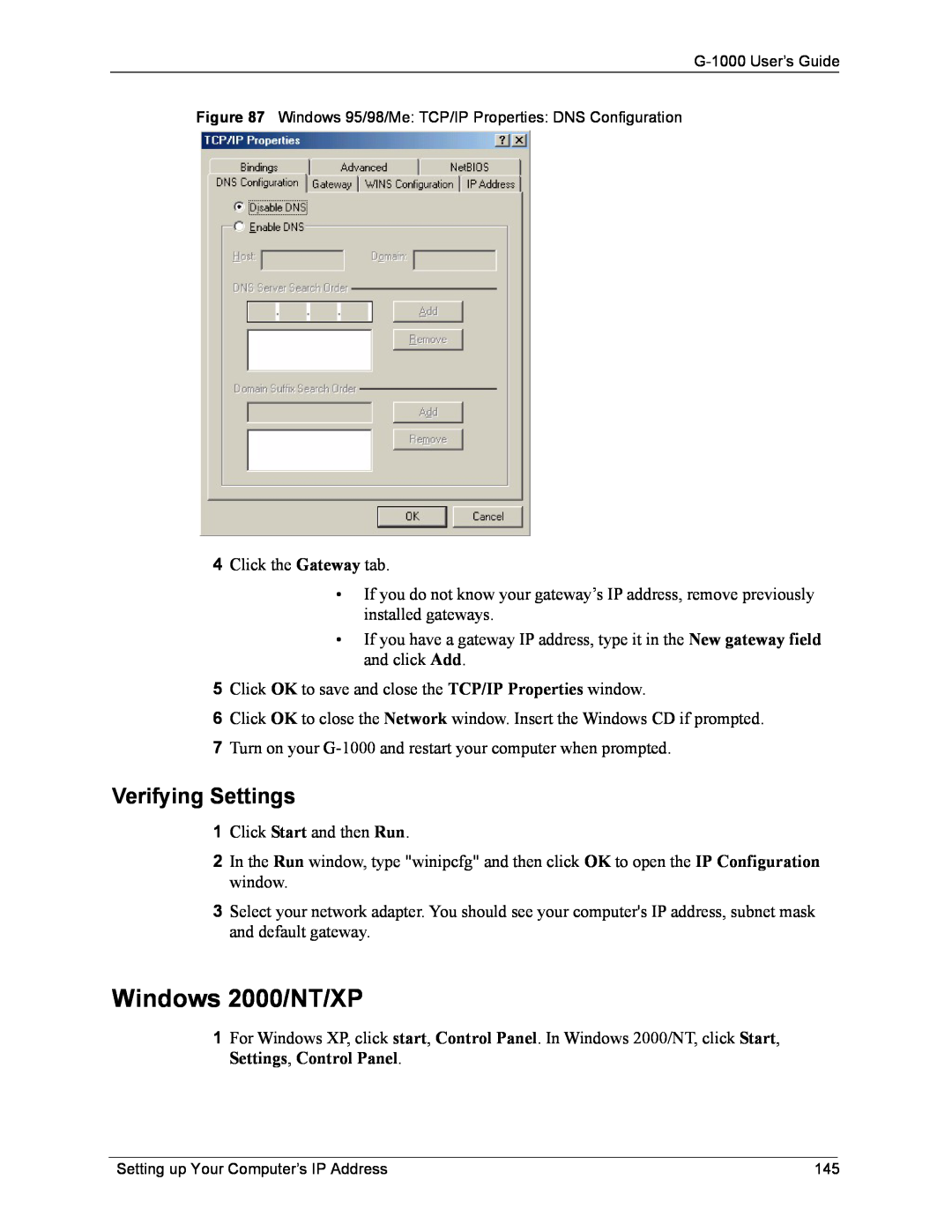ZyXEL Communications G-1000 manual Windows 2000/NT/XP, Verifying Settings 