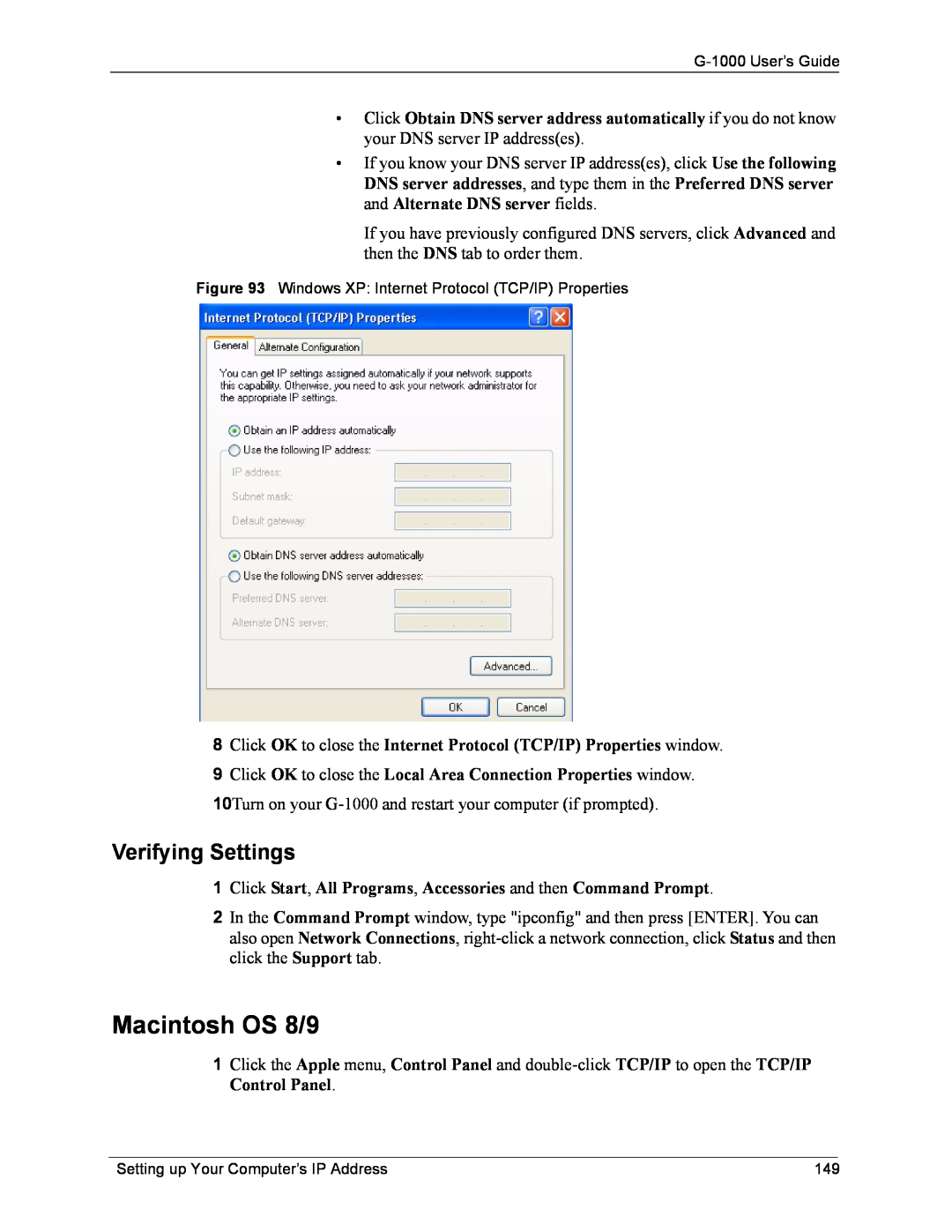ZyXEL Communications G-1000 manual Macintosh OS 8/9, Verifying Settings 
