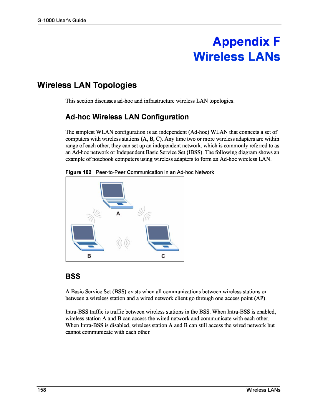 ZyXEL Communications G-1000 manual Appendix F, Wireless LANs, Wireless LAN Topologies, Ad-hoc Wireless LAN Configuration 