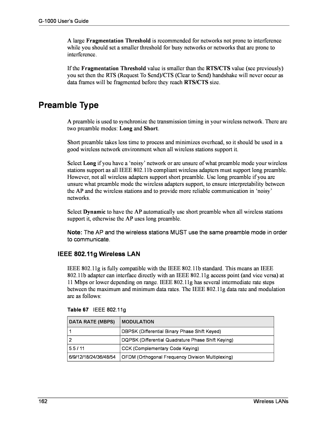 ZyXEL Communications G-1000 manual Preamble Type, IEEE 802.11g Wireless LAN 