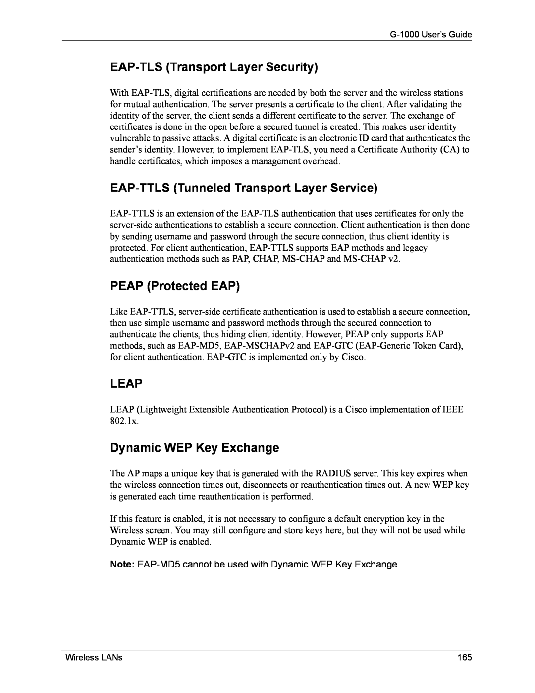 ZyXEL Communications G-1000 manual EAP-TLS Transport Layer Security, EAP-TTLS Tunneled Transport Layer Service, Leap 