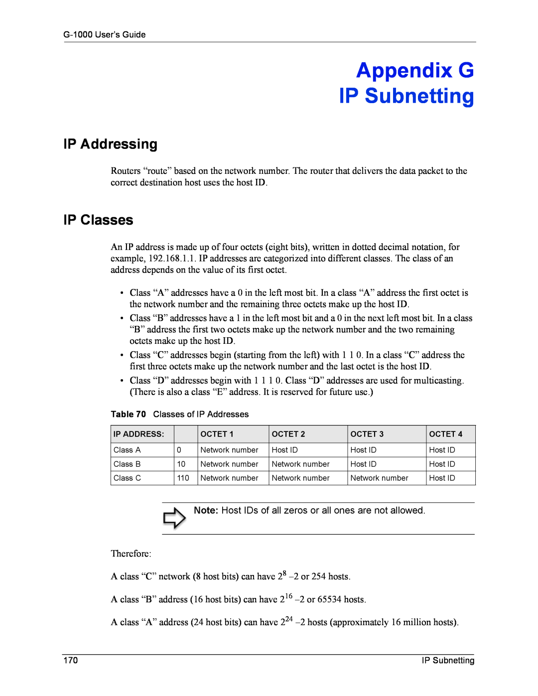 ZyXEL Communications G-1000 manual Appendix G, IP Subnetting, IP Addressing, IP Classes 
