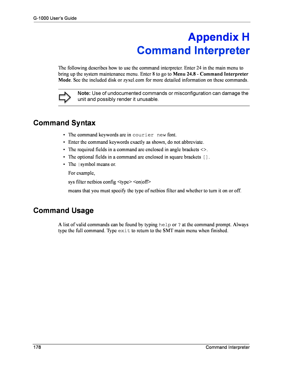 ZyXEL Communications G-1000 manual Appendix H, Command Interpreter, Command Syntax, Command Usage 