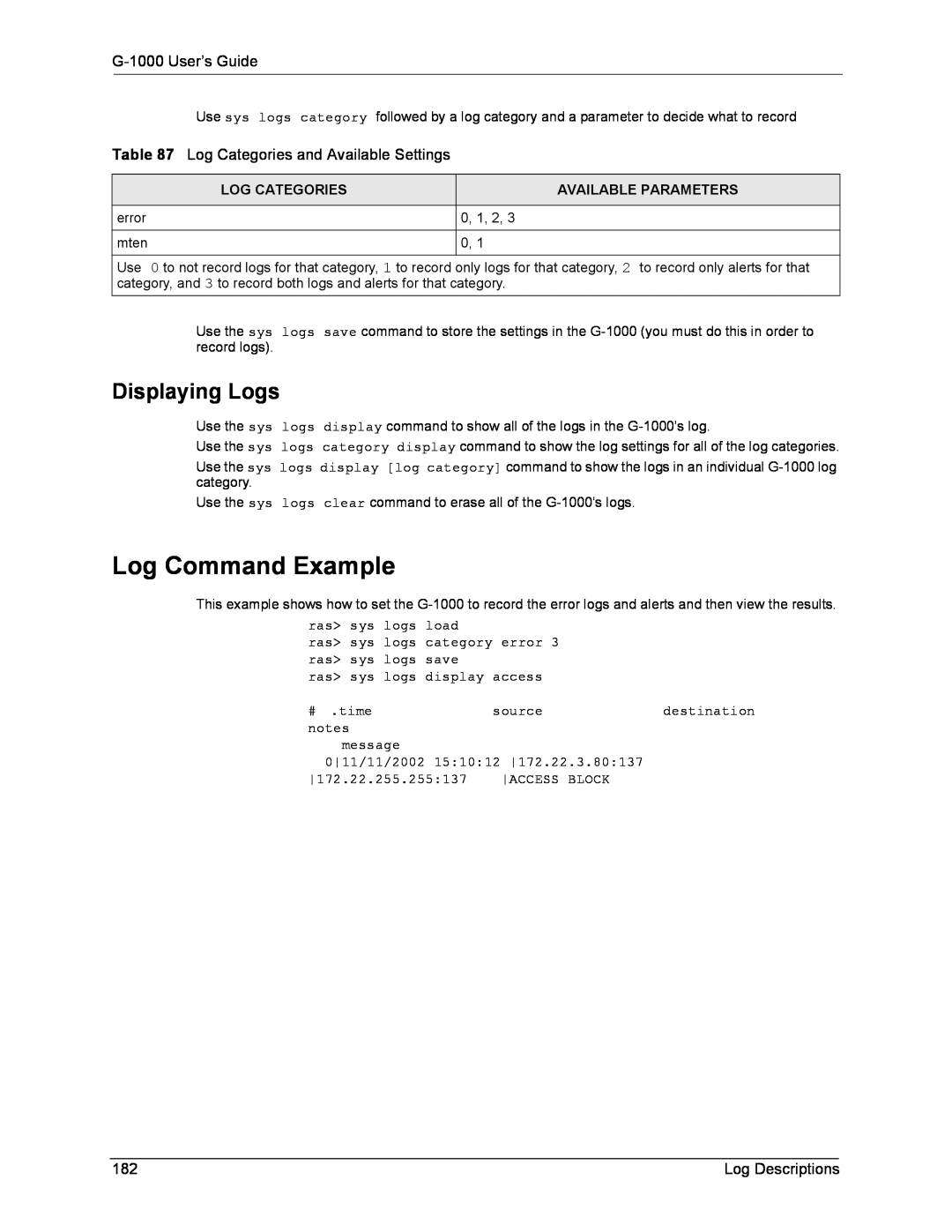 ZyXEL Communications Log Command Example, Displaying Logs, G-1000 User’s Guide, Log Categories and Available Settings 