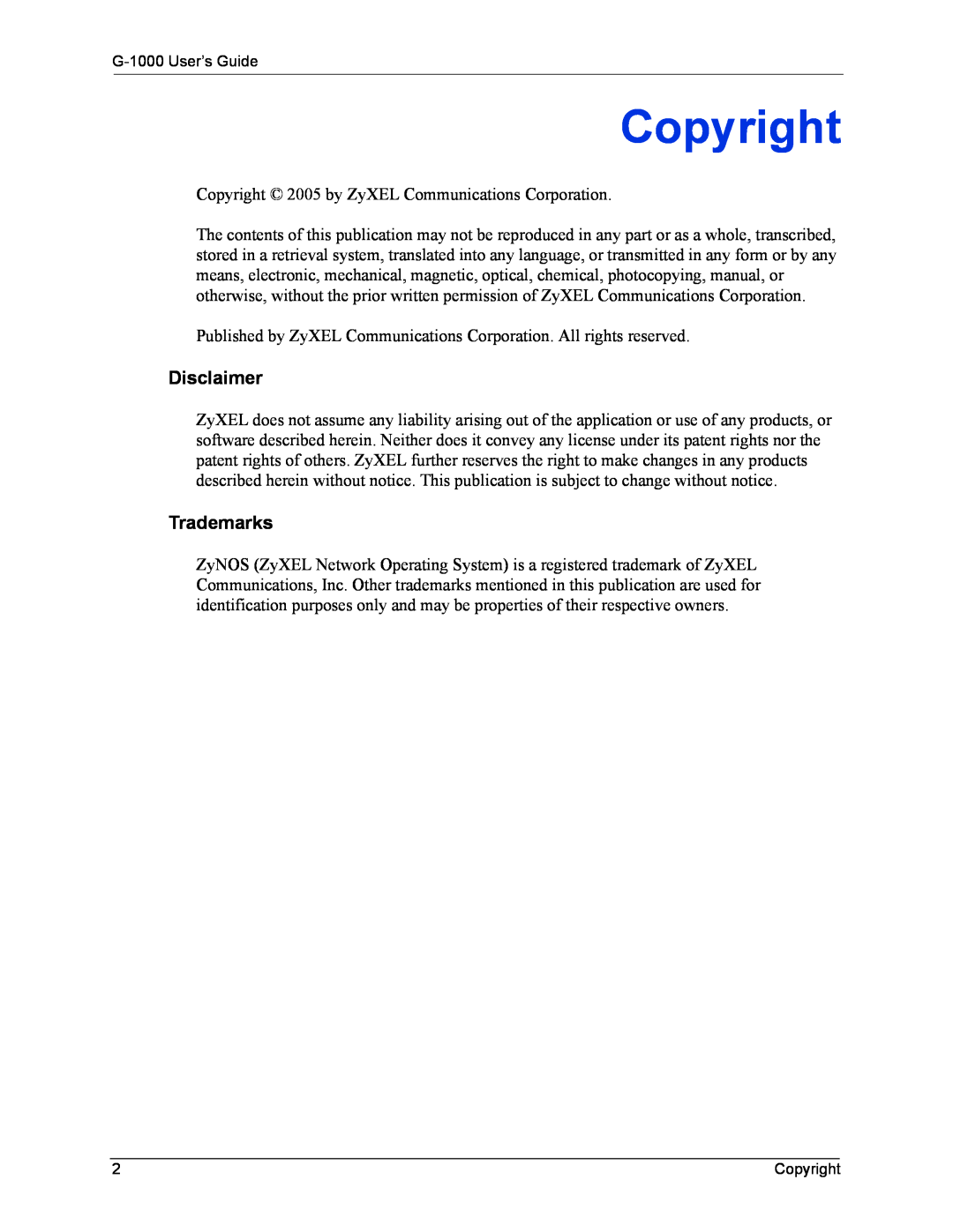 ZyXEL Communications G-1000 manual Copyright, Disclaimer, Trademarks 
