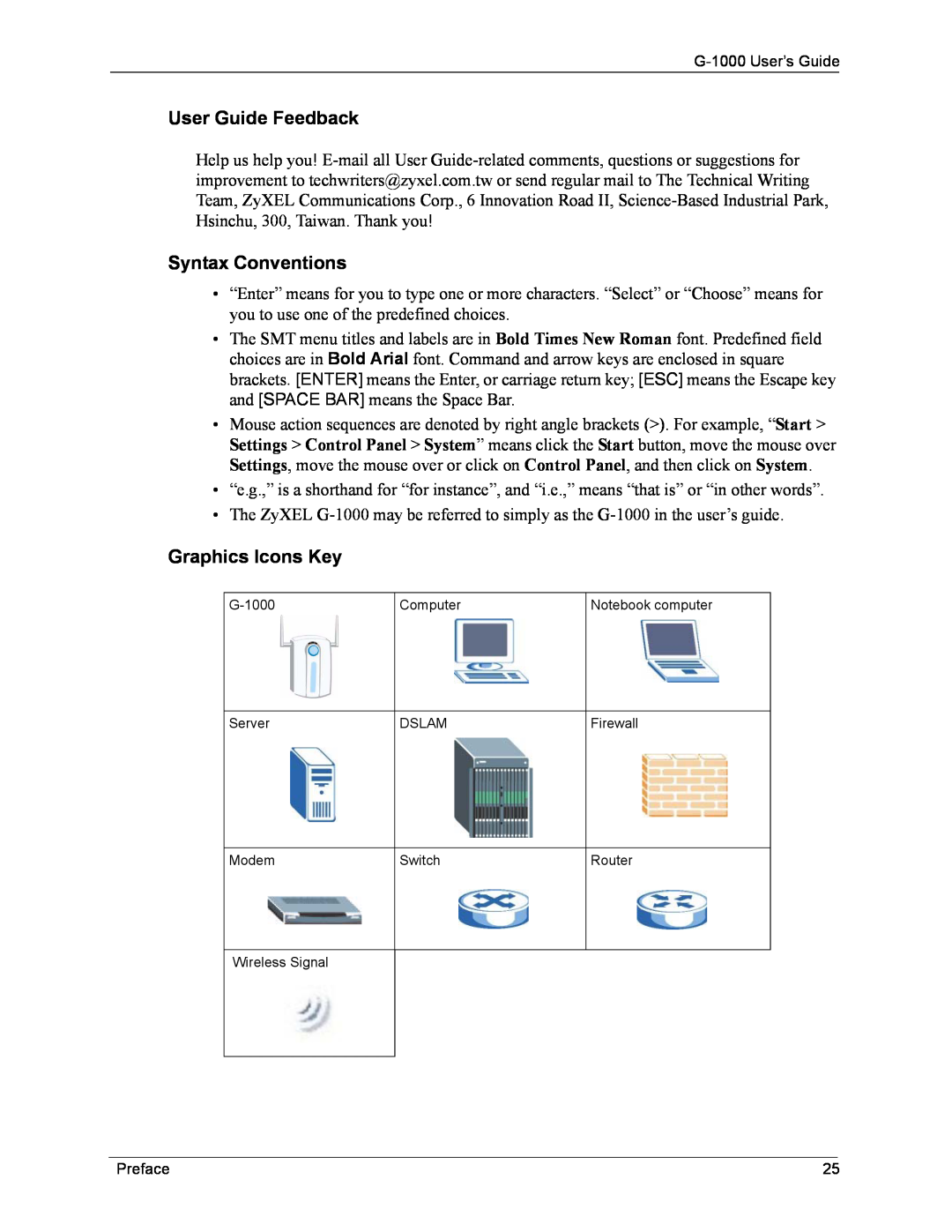 ZyXEL Communications G-1000 manual User Guide Feedback, Syntax Conventions, Graphics Icons Key 