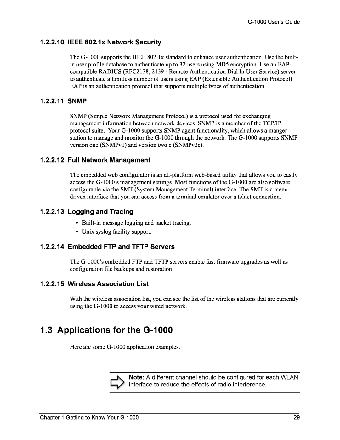 ZyXEL Communications manual Applications for the G-1000, IEEE 802.1x Network Security, Snmp, Full Network Management 