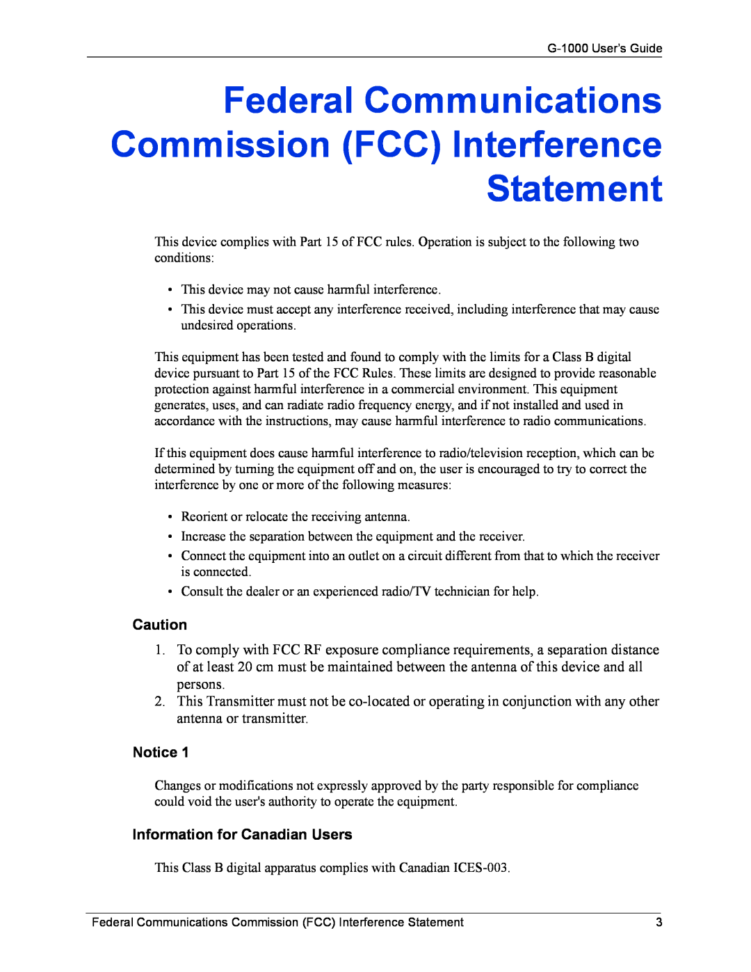 ZyXEL Communications G-1000 Federal Communications Commission FCC Interference Statement, Information for Canadian Users 