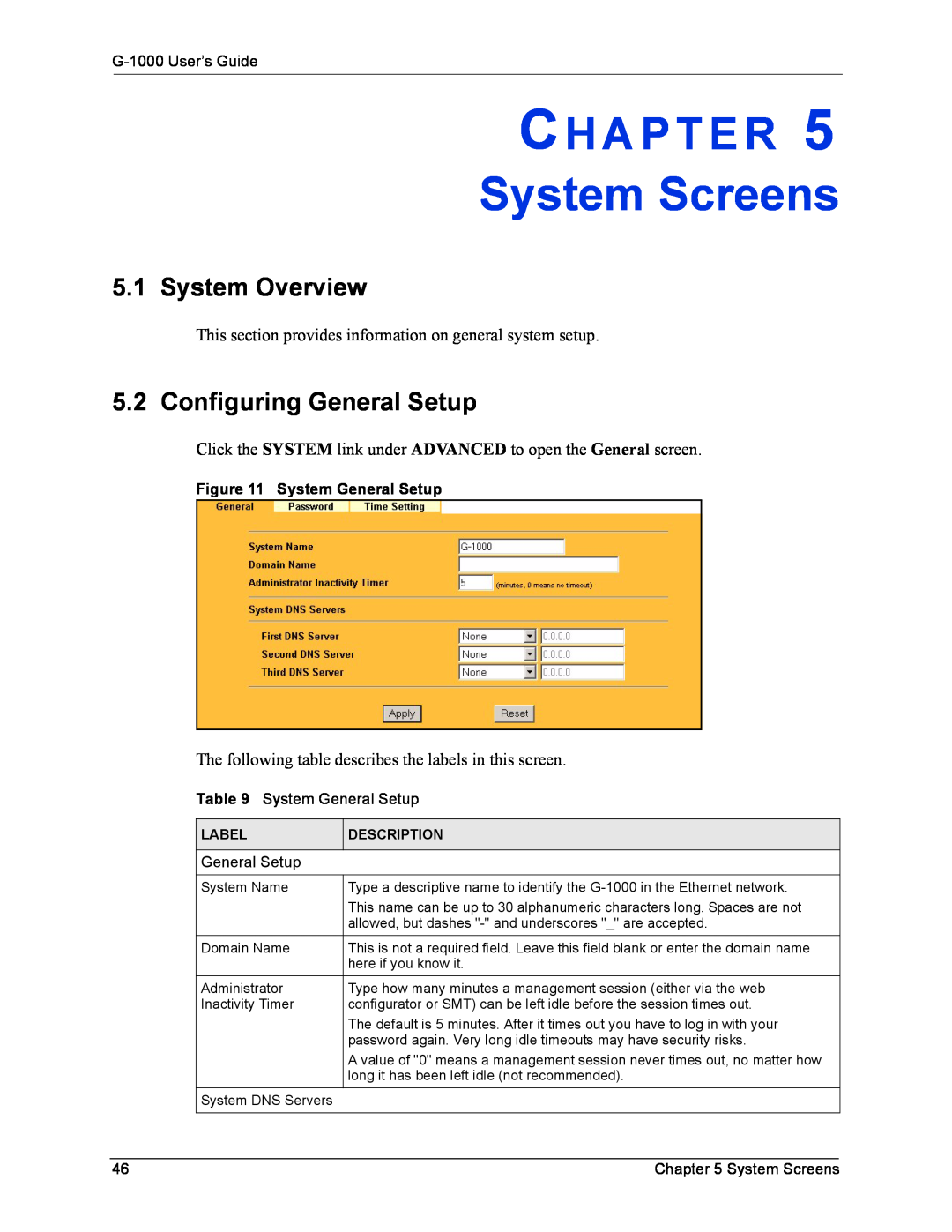 ZyXEL Communications System Screens, System Overview, Configuring General Setup, Ch A P T E R, G-1000 User’s Guide 