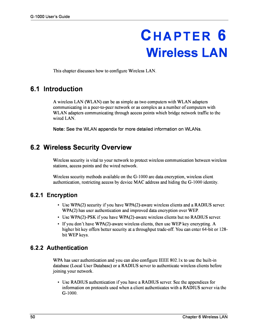 ZyXEL Communications G-1000 manual Wireless LAN, Introduction, Wireless Security Overview, Encryption, Authentication 