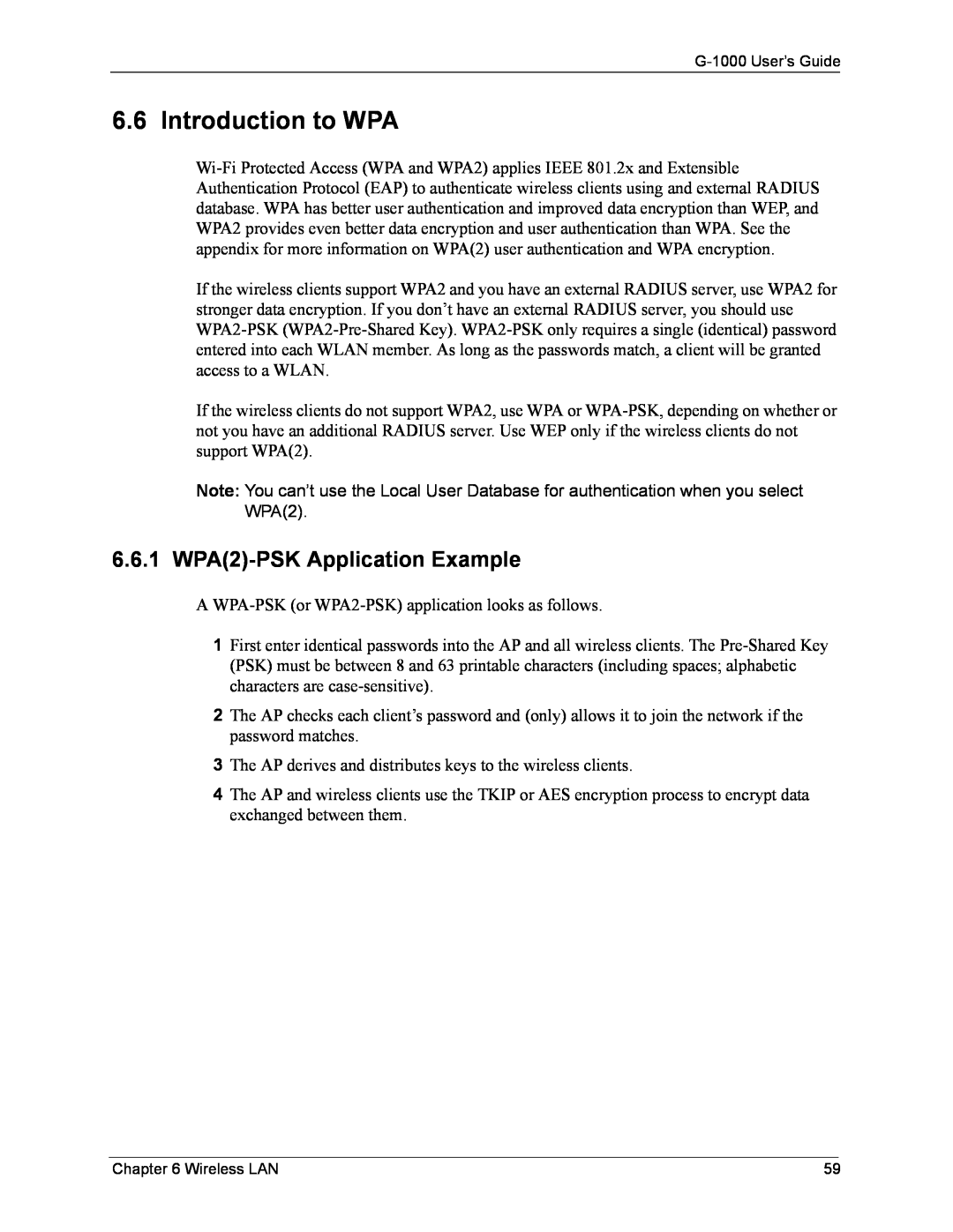 ZyXEL Communications G-1000 manual Introduction to WPA, 6.6.1 WPA2-PSK Application Example 
