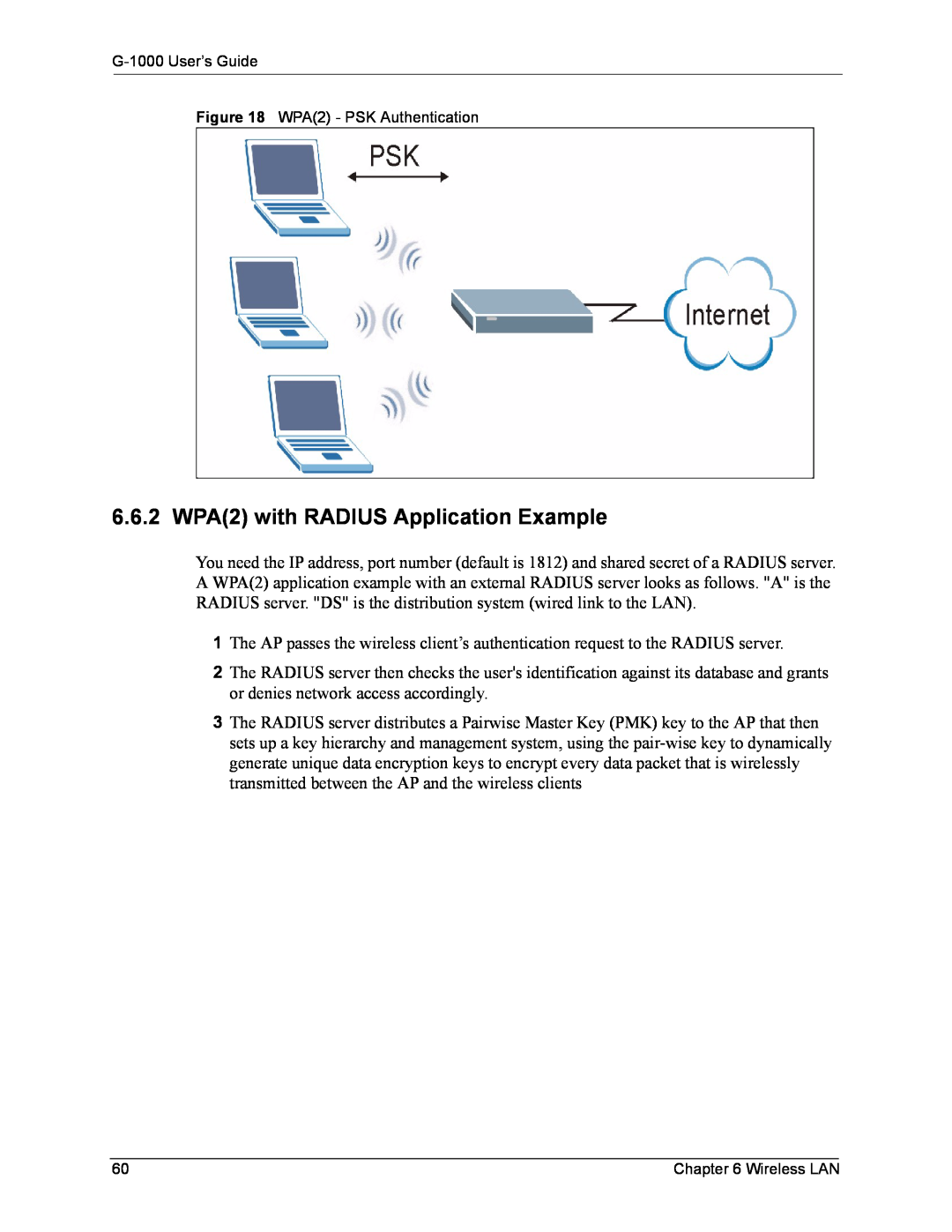 ZyXEL Communications G-1000 manual 6.6.2 WPA2 with RADIUS Application Example 
