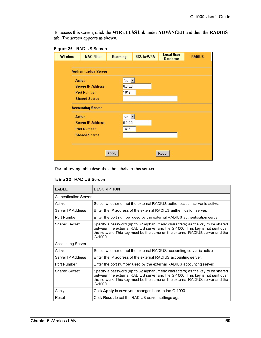 ZyXEL Communications manual G-1000 User’s Guide, RADIUS Screen, Wireless LAN, Label, Description 