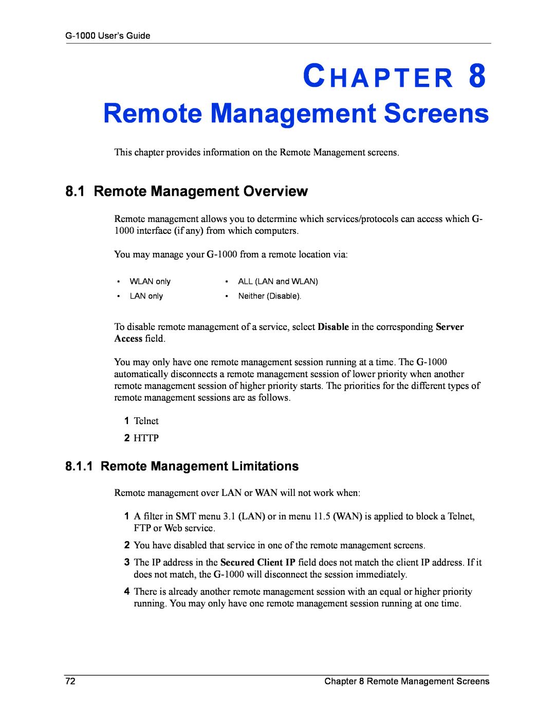 ZyXEL Communications G-1000 manual Remote Management Screens, Remote Management Overview, Remote Management Limitations 