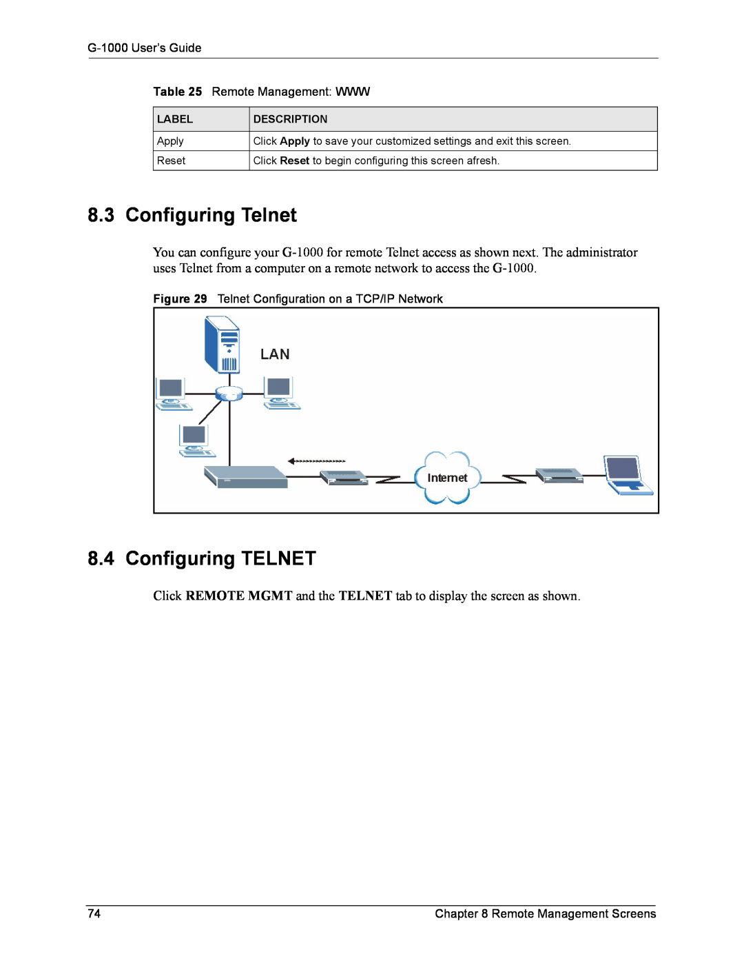 ZyXEL Communications G-1000 manual Configuring Telnet, Configuring TELNET 