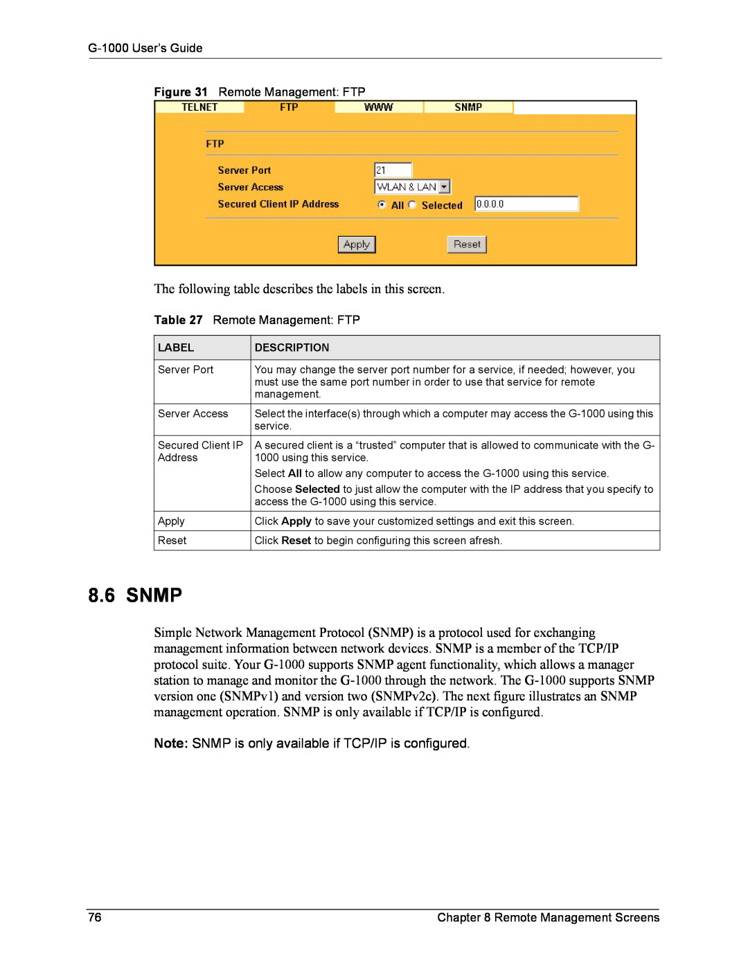 ZyXEL Communications G-1000 manual Snmp, Note SNMP is only available if TCP/IP is configured 