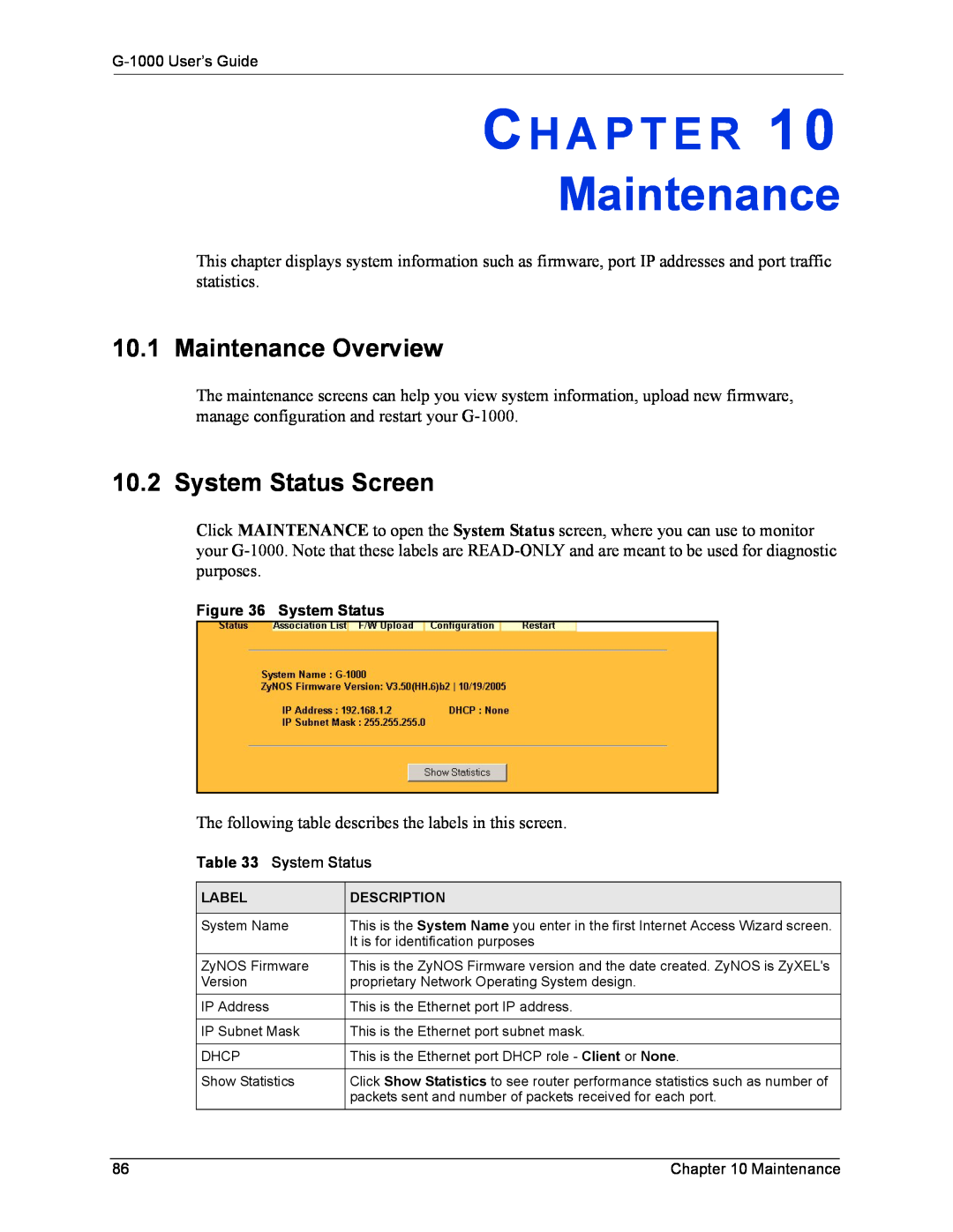 ZyXEL Communications G-1000 manual Maintenance Overview, System Status Screen, Ch A P T E R 