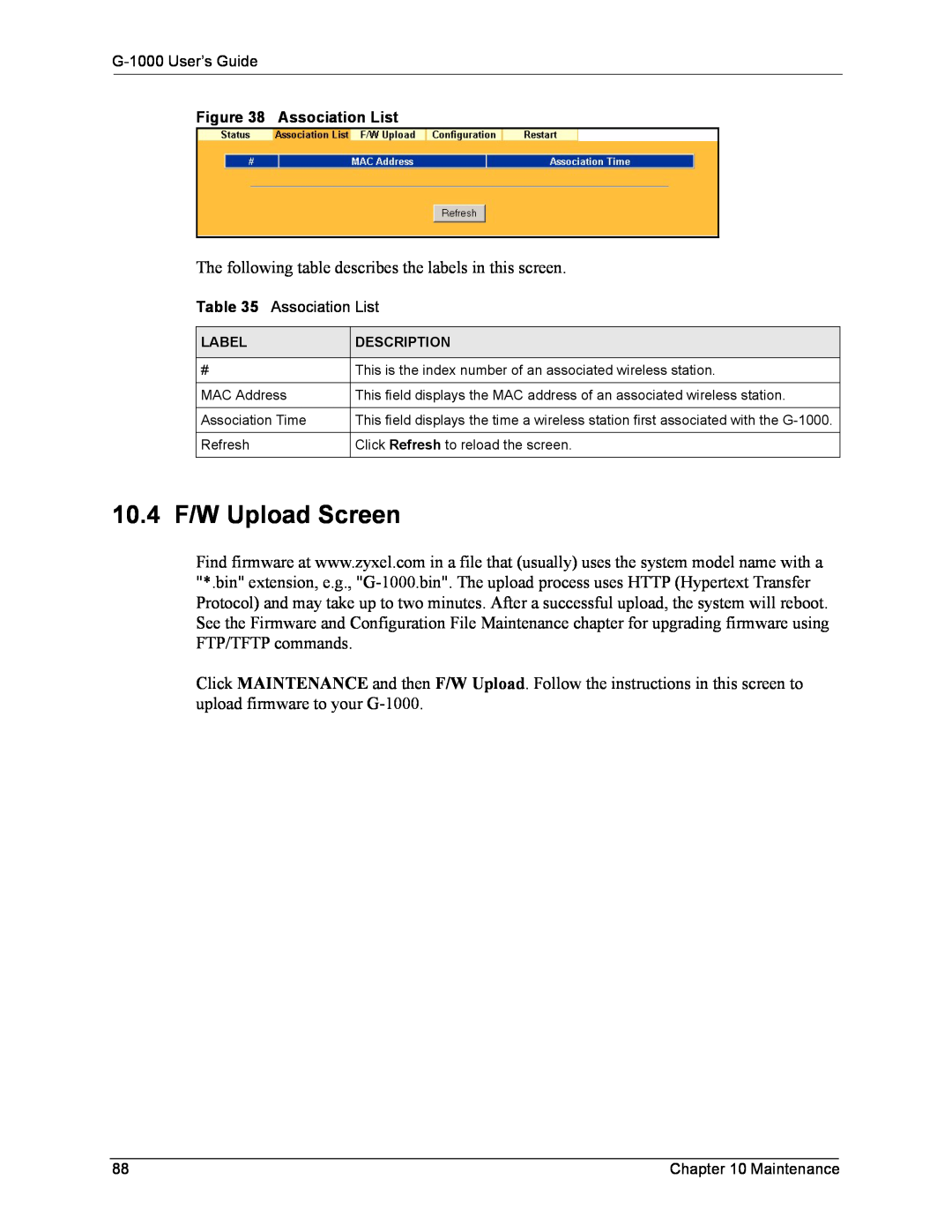 ZyXEL Communications 10.4 F/W Upload Screen, G-1000 User’s Guide, Association List, Maintenance, Label, Description 