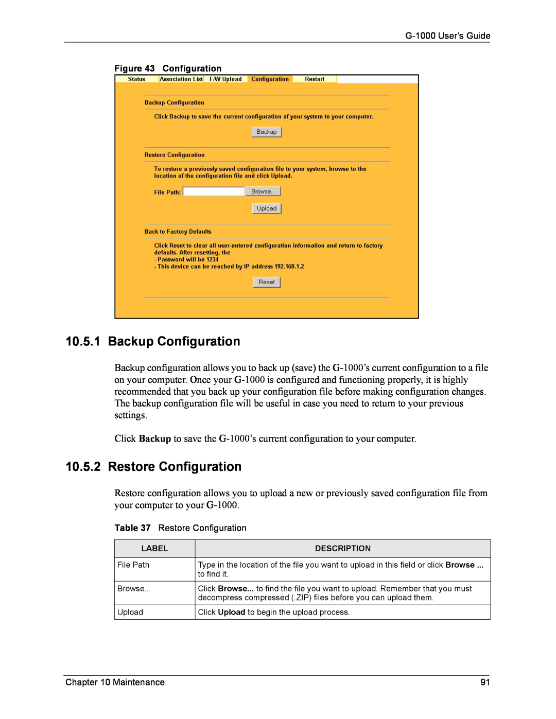ZyXEL Communications G-1000 manual Backup Configuration, Restore Configuration 