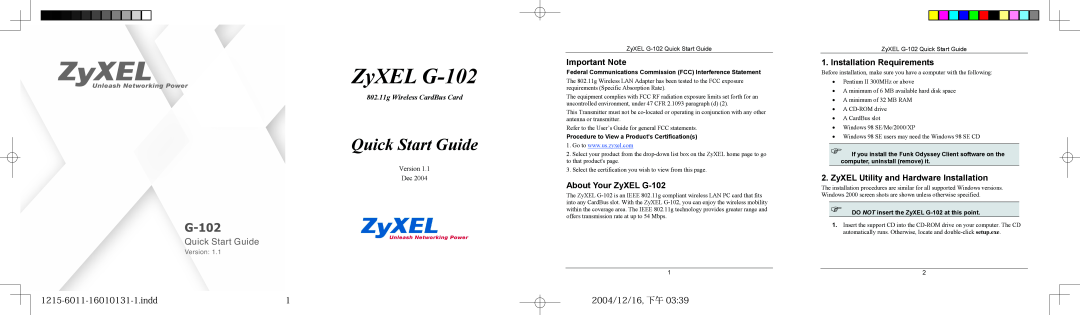 ZyXEL Communications quick start indd, Important Note, About Your ZyXEL G-102, 2004/12/16, 下午, Quick Start Guide 