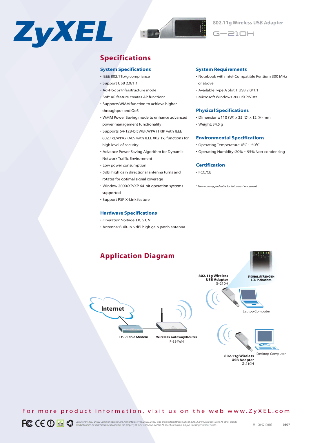 ZyXEL Communications G-210H manual Specifications, Application Diagram 