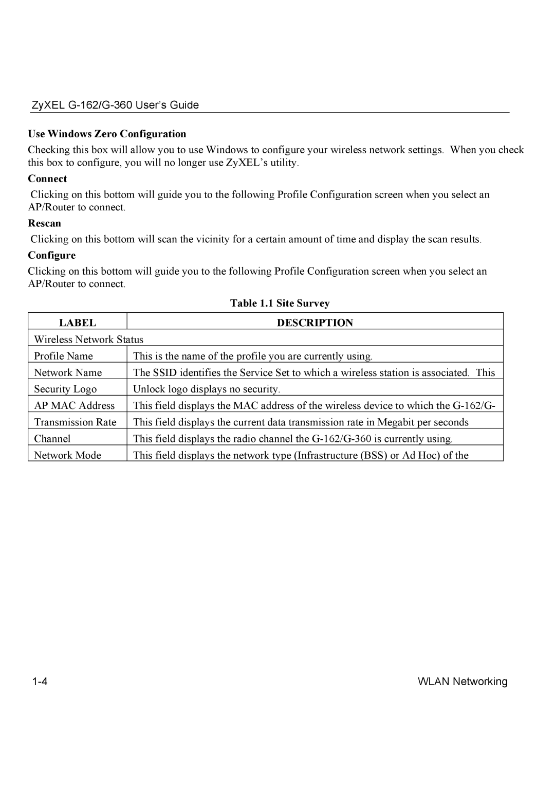 ZyXEL Communications G-360, G-162 manual Label Description 