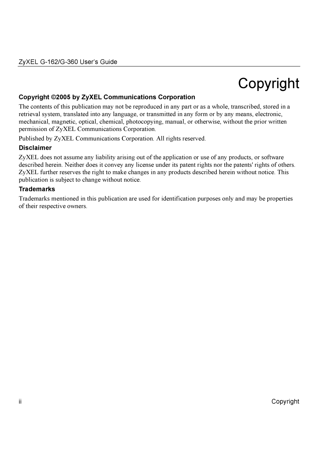 ZyXEL Communications G-360, G-162 manual Copyright 2005 by ZyXEL Communications Corporation, Disclaimer, Trademarks 