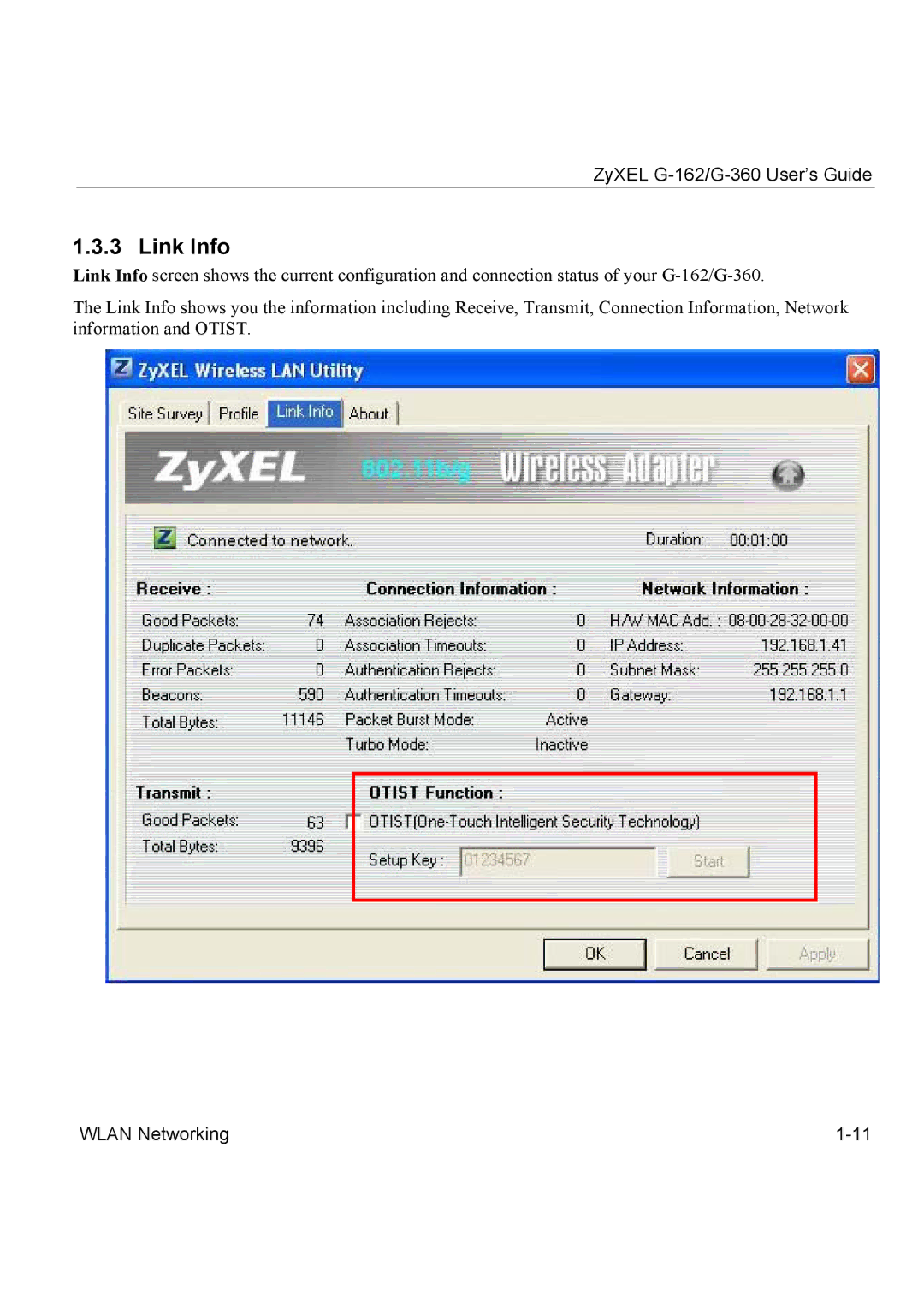 ZyXEL Communications G-162, G-360 manual Link Info 