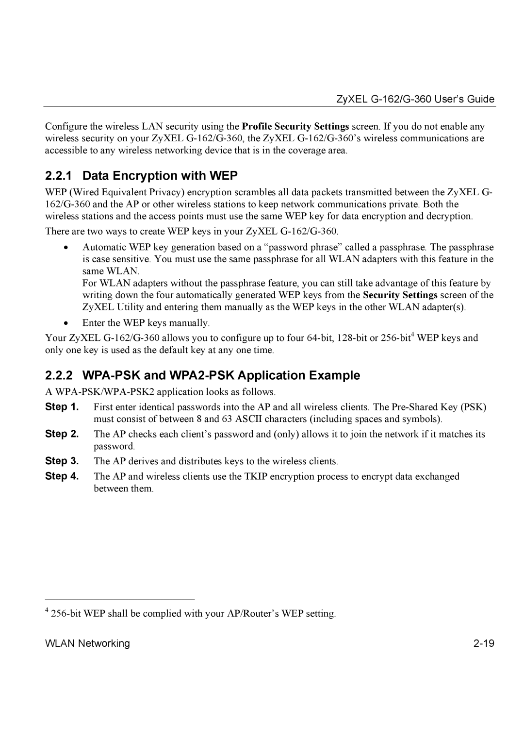 ZyXEL Communications G-162, G-360 manual Data Encryption with WEP, WPA-PSK and WPA2-PSK Application Example 