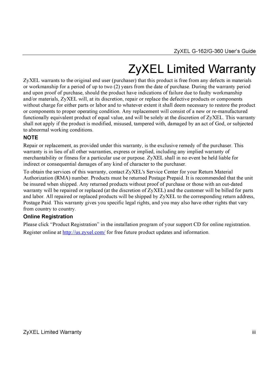 ZyXEL Communications G-162, G-360 manual ZyXEL Limited Warranty, Online Registration 