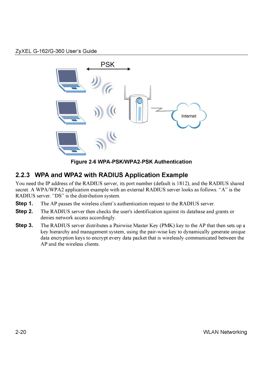 ZyXEL Communications G-360, G-162 manual WPA and WPA2 with Radius Application Example, WPA-PSK/WPA2-PSK Authentication 