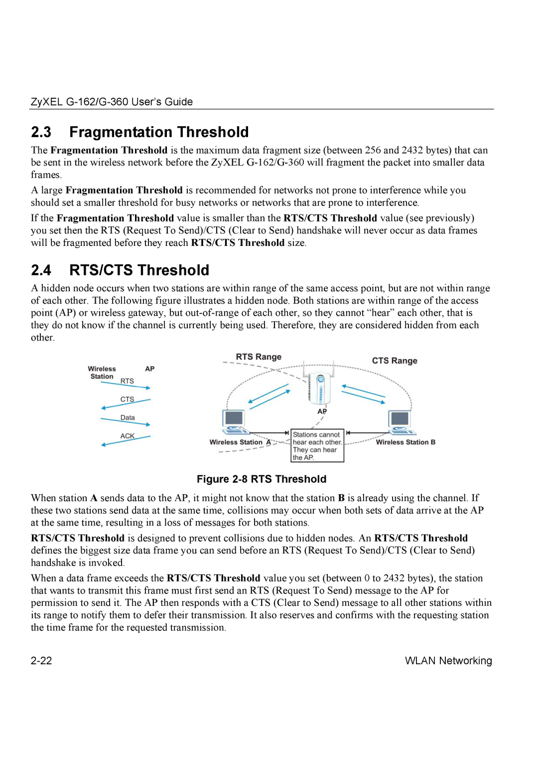 ZyXEL Communications G-360, G-162 manual Fragmentation Threshold, RTS/CTS Threshold 