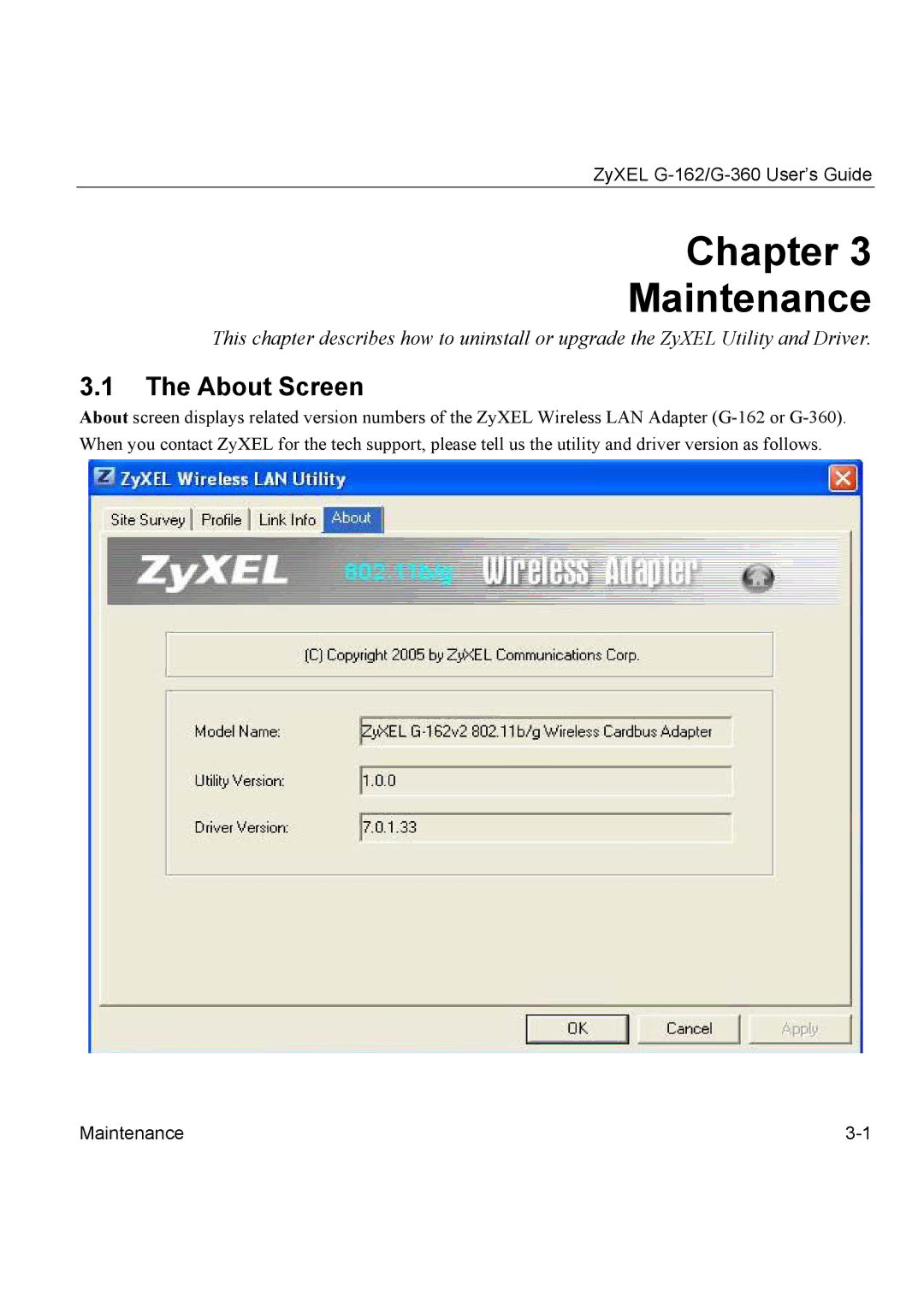 ZyXEL Communications G-162, G-360 manual Chapter Maintenance, About Screen 