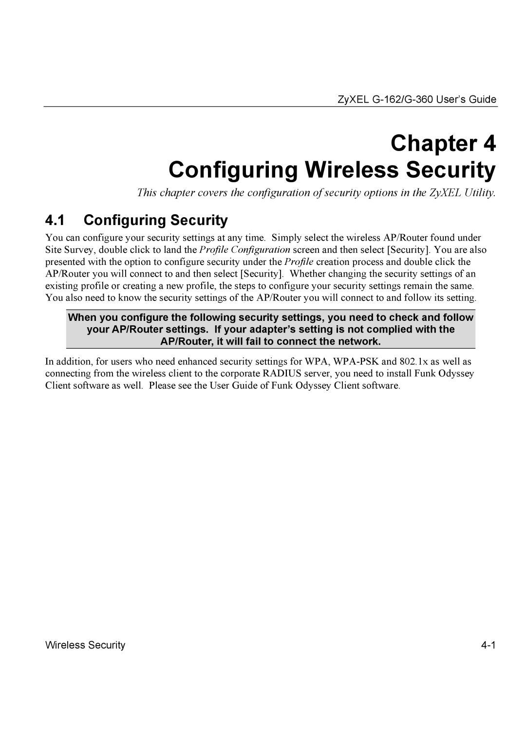 ZyXEL Communications G-162, G-360 manual Chapter Configuring Wireless Security, Configuring Security 