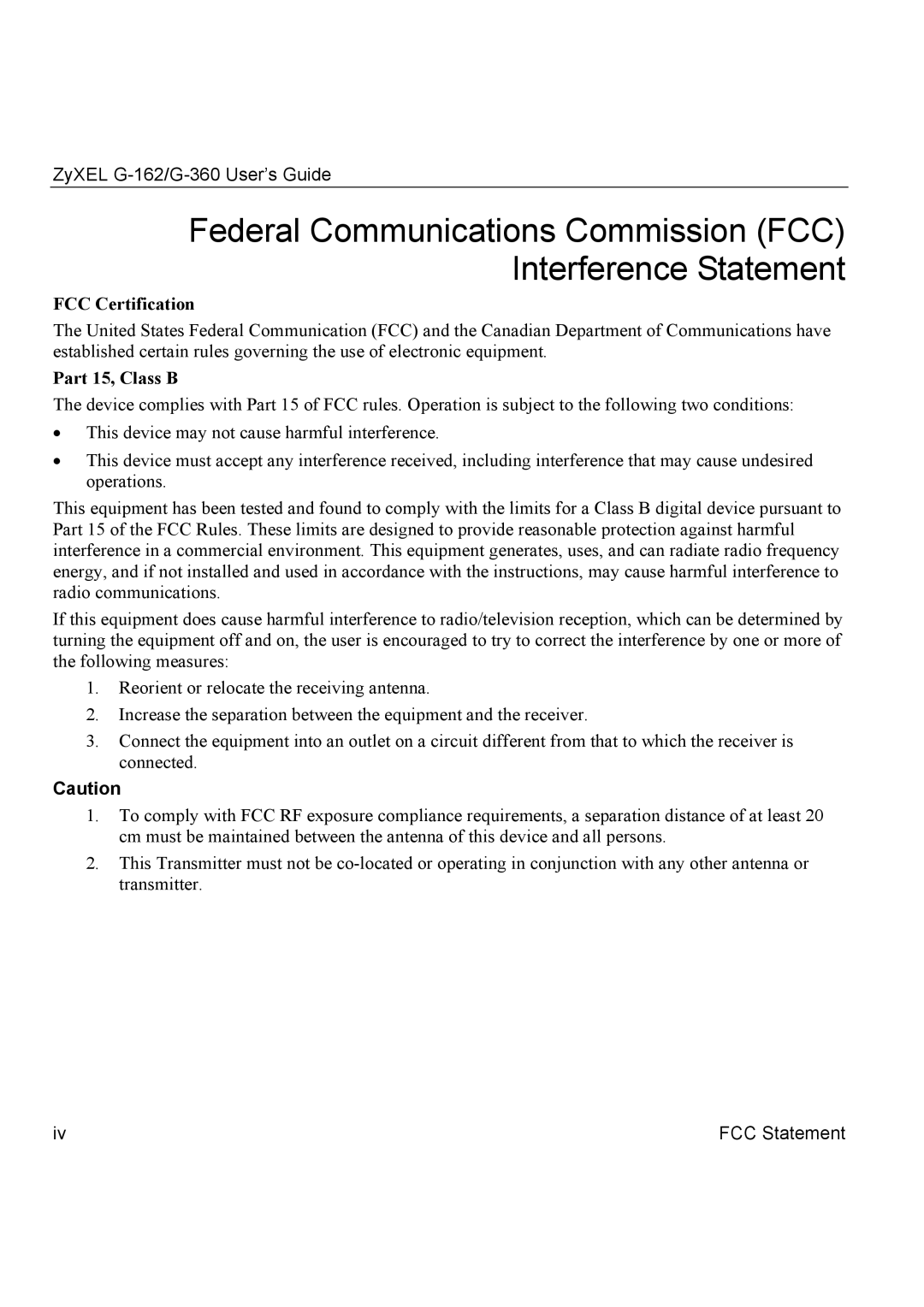 ZyXEL Communications G-360, G-162 manual Federal Communications Commission FCC Interference Statement 