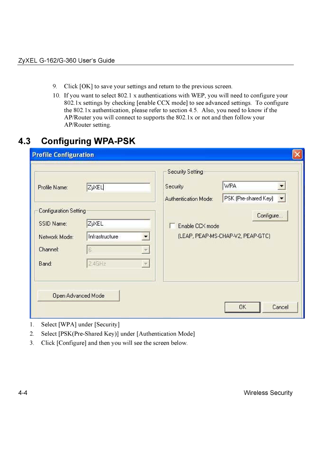 ZyXEL Communications G-360, G-162 manual Configuring WPA-PSK 