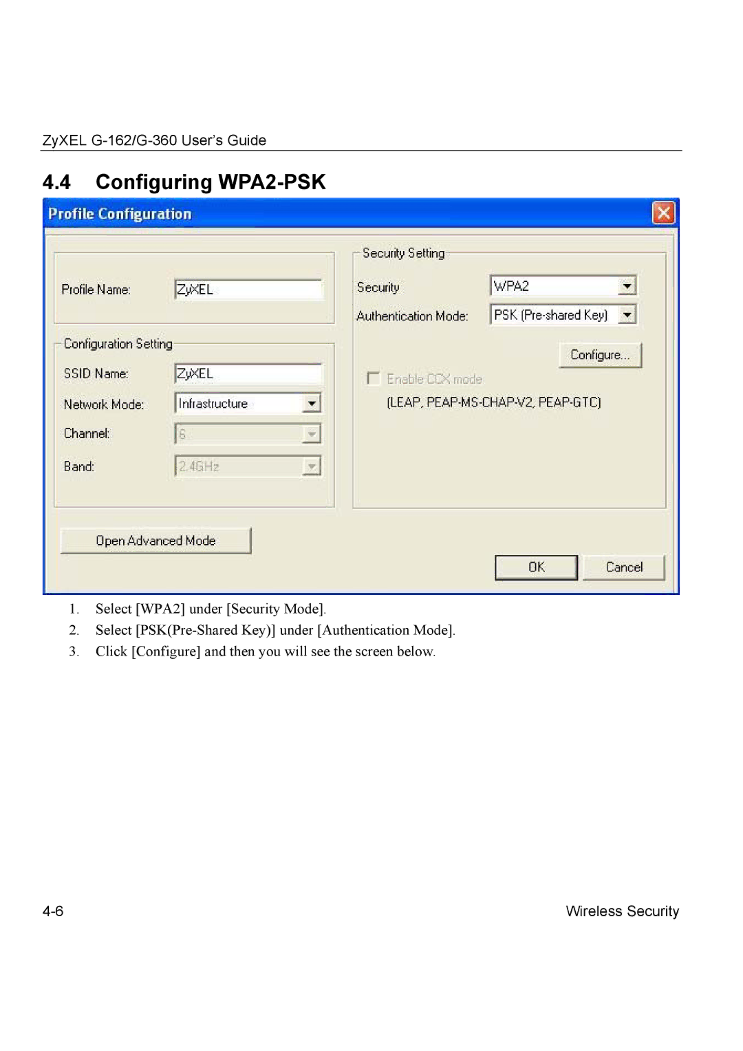 ZyXEL Communications G-360, G-162 manual Configuring WPA2-PSK 