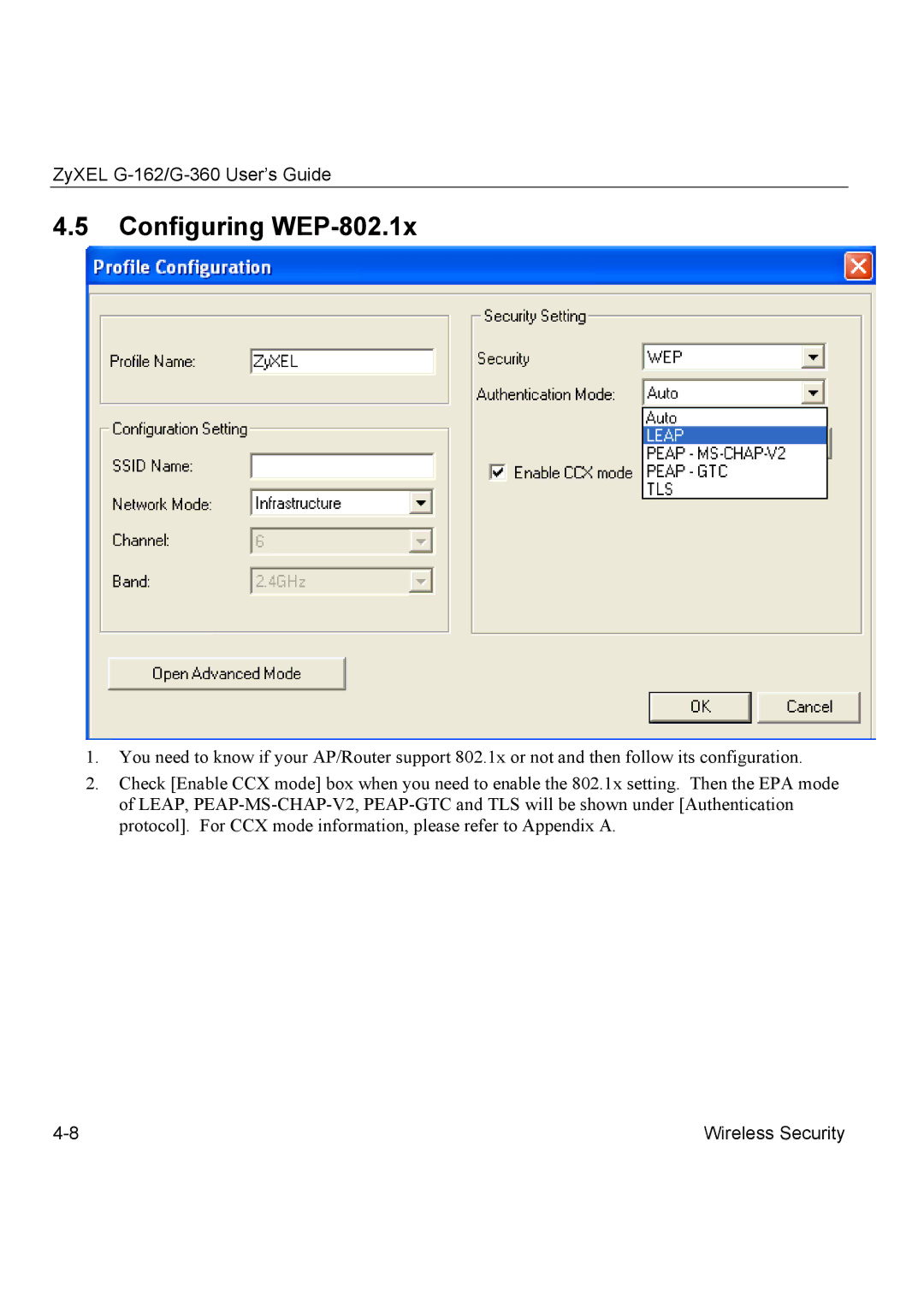 ZyXEL Communications G-360, G-162 manual Configuring WEP-802.1x 