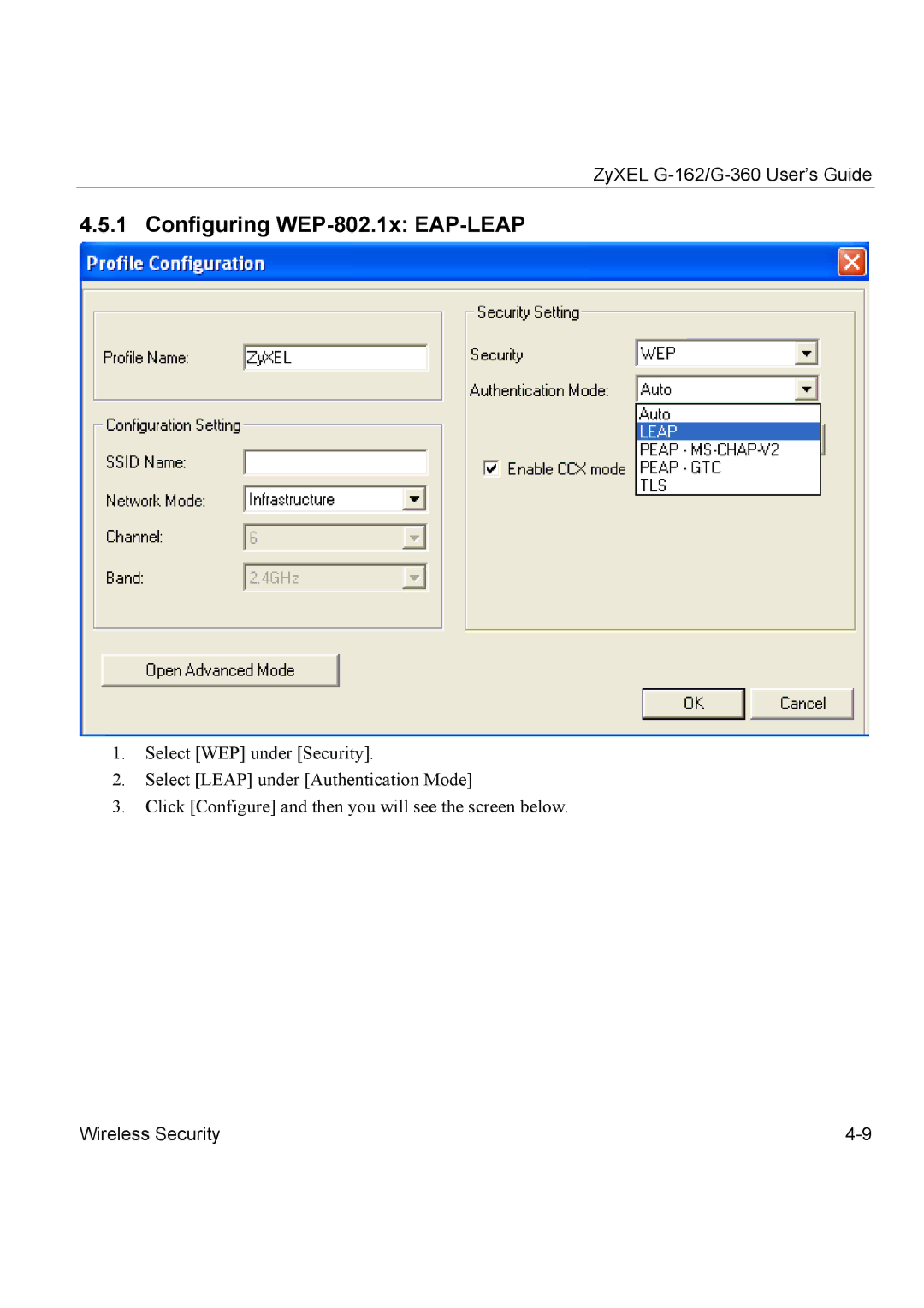 ZyXEL Communications G-162, G-360 manual Configuring WEP-802.1x EAP-LEAP 