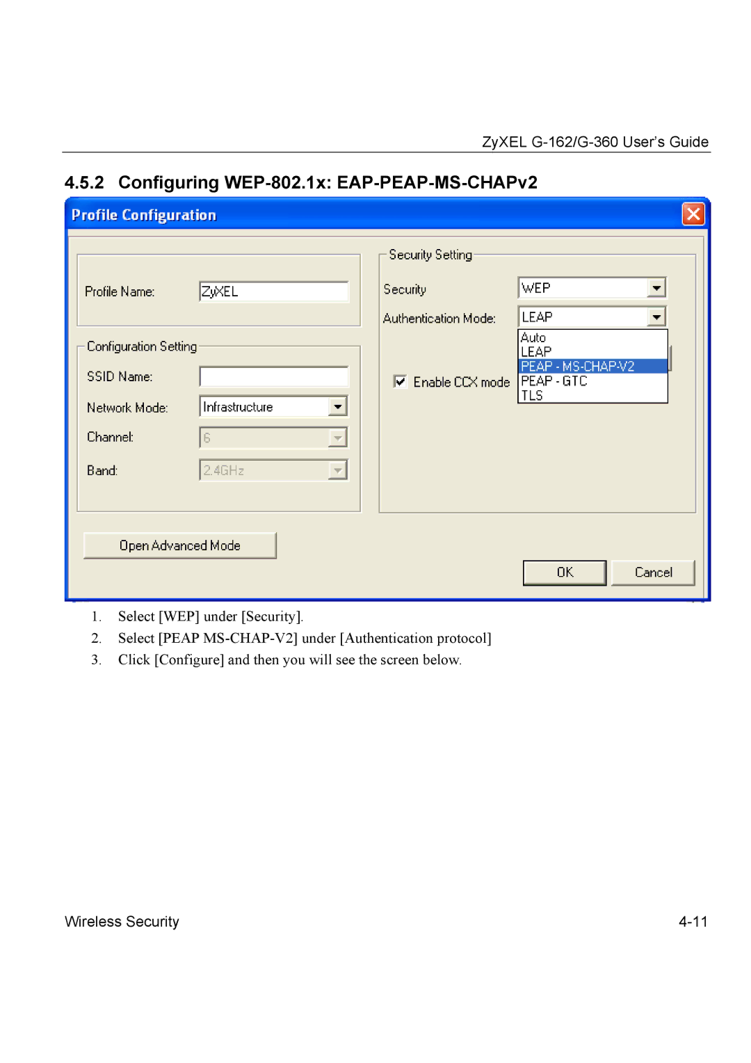 ZyXEL Communications G-162, G-360 manual Configuring WEP-802.1x EAP-PEAP-MS-CHAPv2 