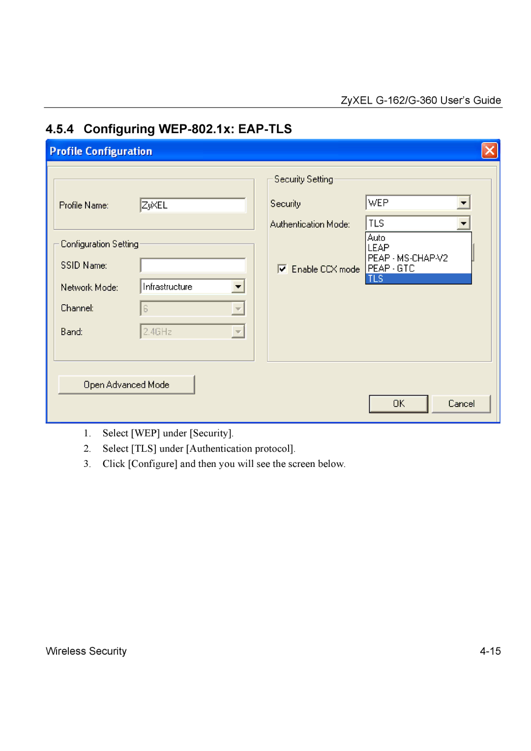 ZyXEL Communications G-162, G-360 manual Configuring WEP-802.1x EAP-TLS 