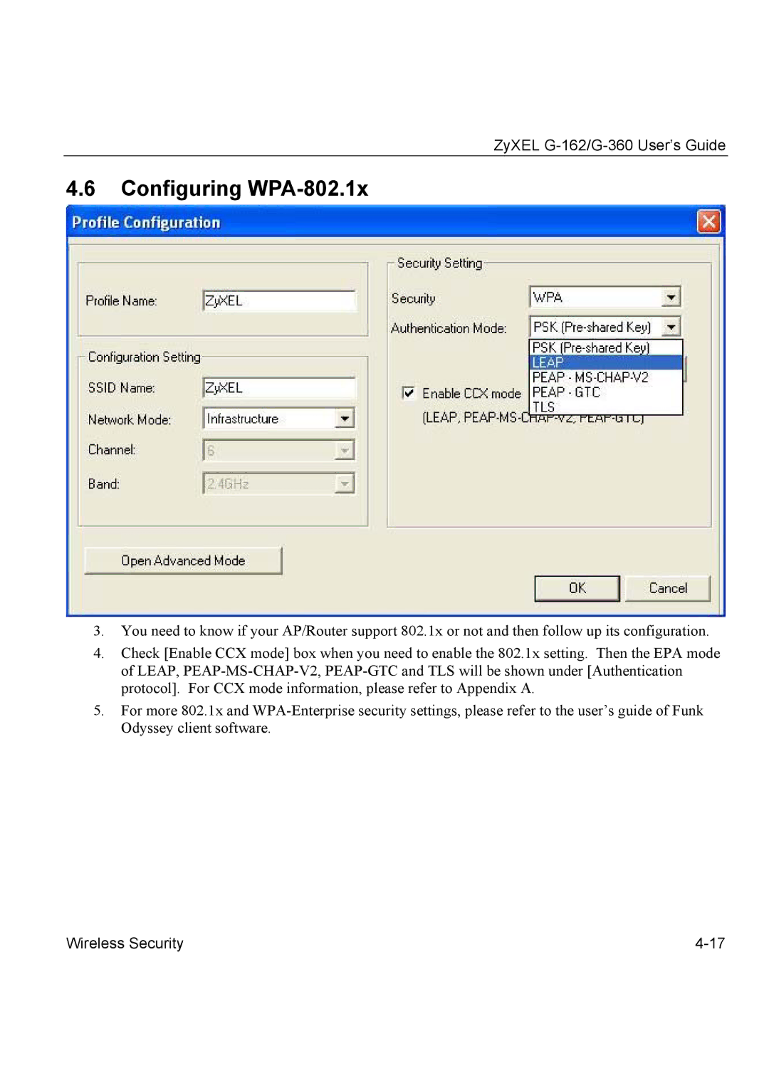 ZyXEL Communications G-162, G-360 manual Configuring WPA-802.1x 