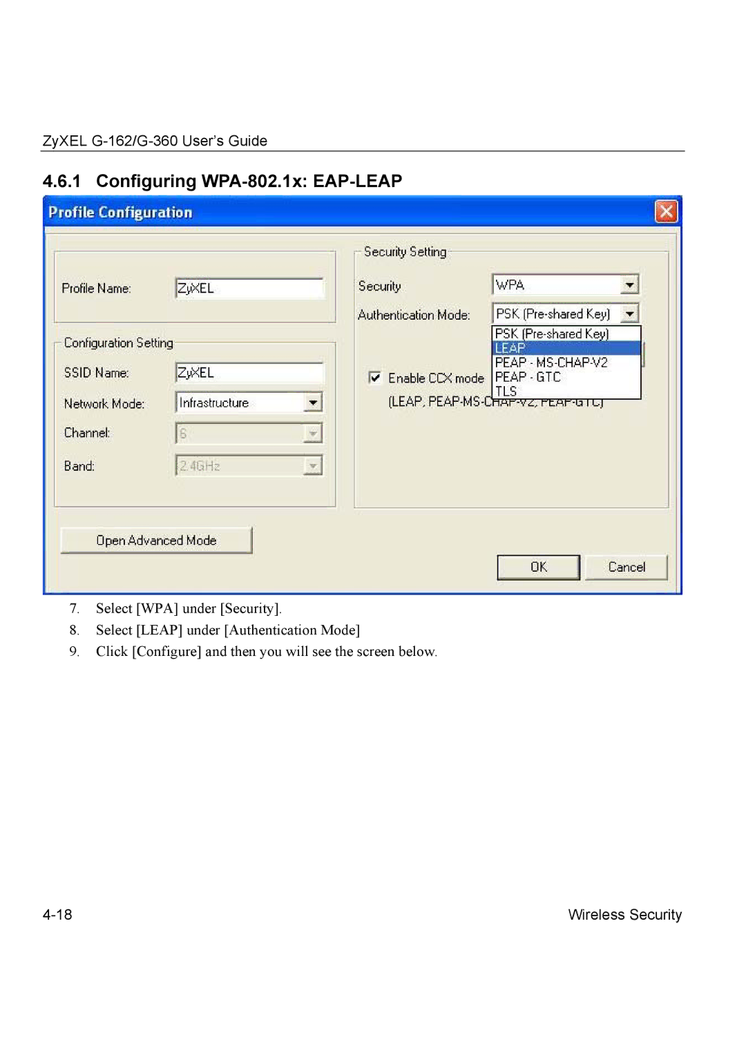 ZyXEL Communications G-360, G-162 manual Configuring WPA-802.1x EAP-LEAP 