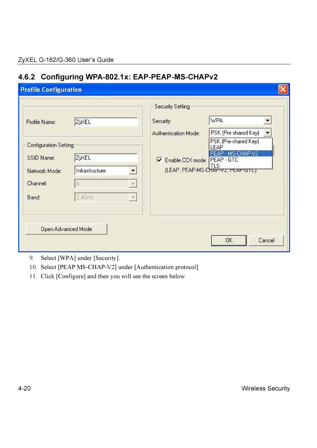 ZyXEL Communications G-360, G-162 manual Configuring WPA-802.1x EAP-PEAP-MS-CHAPv2 