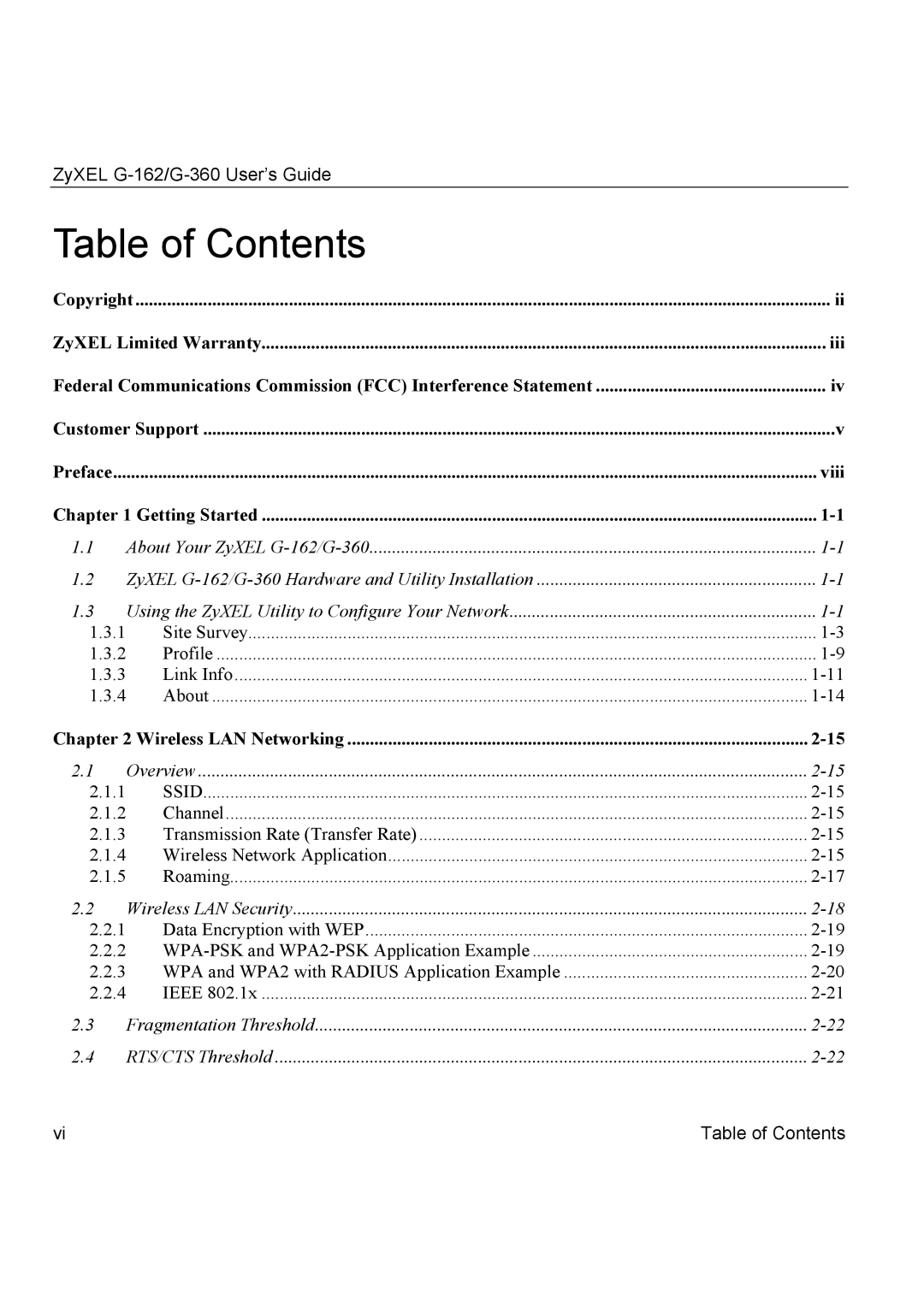 ZyXEL Communications G-360, G-162 manual Table of Contents 